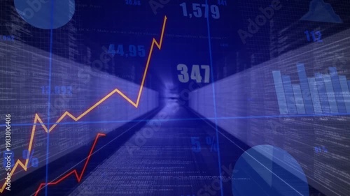 Orange line rising from left sparking tunnel glow charts shaping and updating showing market trends