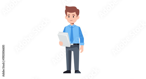 A young man in a blue shirt and dark pants stands holding a stack of papers in a neutral pose, representing a business or office setting