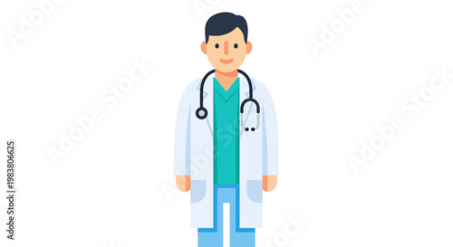 Illustration of a male doctor wearing a lab coat and stethoscope, standing confidently against a white background, ideal for medical and healthcare-related content