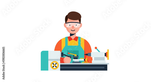 Skilled craftsman working on a lathe machine with safety goggles, illustrating a precise woodworking or metalworking process