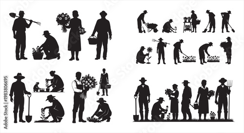Street vendor and market people silhouettes set, workers selling flowers and goods, black vector illustration