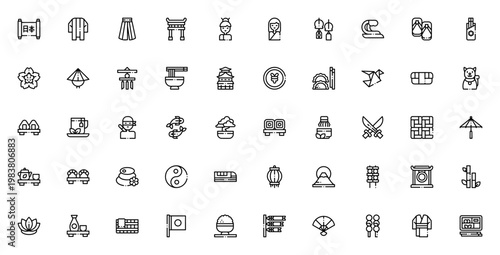 Japanese culture icon set. Vector illustration featuring Geisha, Sushi, Cherry blossom, Samurai, Origami, Kimono, Bonsai, Koi fish and more. Editable stroke.