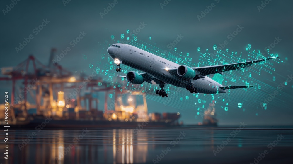 Fototapeta premium Global Air Cargo Freight Transportation Technology and Logistics with Airplane Flying Over Port