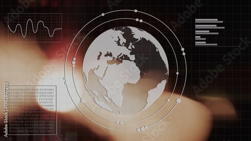 Warm flare showing left starting globe rotating, rings, nodes forming, HUD charts filling for tech