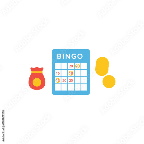 A colorful illustration of a bingo card with a money bag and coins on a white background