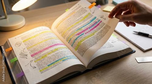 Hand holding open textbook with highlighted notes on wooden desk  