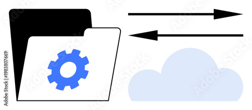 Cloud computing, file management, data synchronization, IT infrastructure, digital storage, workflow automation. A folder with a gear icon and arrows interacting with a cloud. Cloud computing