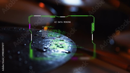 Curved metal utensil head receiving green AI DATA MINING HUD, code scrolling and revealing droplets