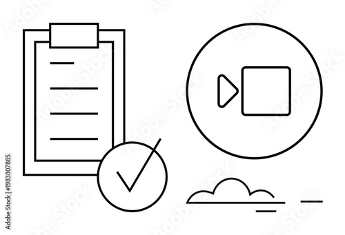 Productivity, digital workflow, online meetings, remote collaboration, task organization, cloud technology. Outline of checklist, video call icon and cloud symbol. Task organization and video
