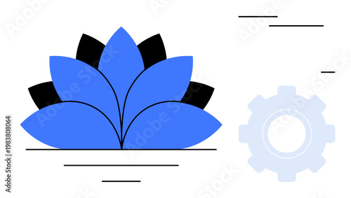 Wellness, innovation, mindfulness, balance, growth, engineering. A geometric lotus and gear icon with sharp, minimal lines. Harmony and innovation concept combining nature with technology ideas