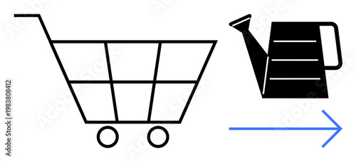 E-commerce, gardening tools, retail, sustainability, product delivery, shopping decisions. A shopping cart, watering can and arrow symbol. E-commerce and gardening tools concept