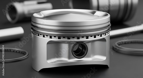 Close-up of a piston with its rings and related engine components on a reflective surface