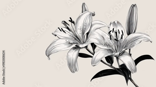 Elegant Black and White Illustration of Lily Flowers on Neutral Background