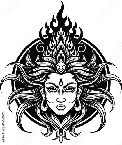Stylized illustration of a deity's face with elaborate hair and fiery crown black and white illustration