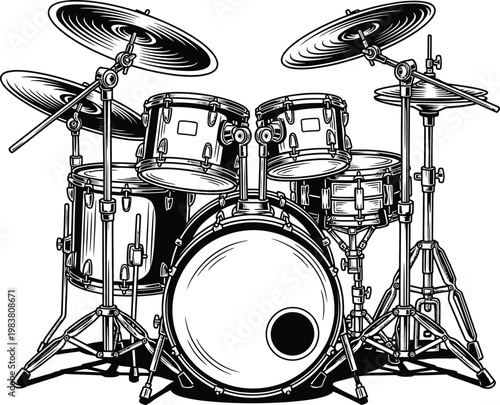 Black and white sketch of a drum kit with percussion instrument illustration performance