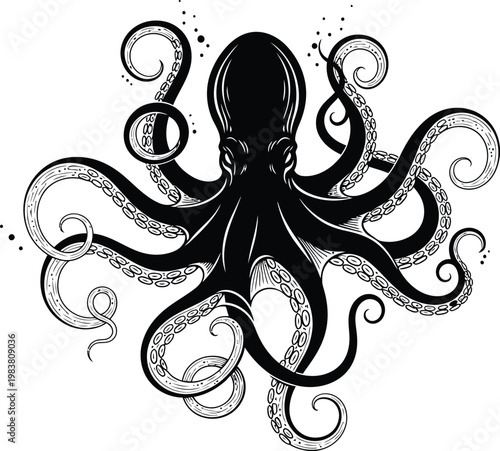Black octopus illustration with cephalopod underwater creature tentacles wildlife illustration silhouette