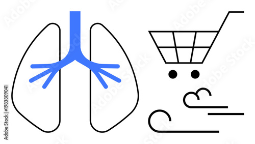 Healthcare, environment, shopping, respiratory health, clean air, consumer choices. Stylized lungs with blue branches and a shopping cart with air swirls. Healthcare and environment concept