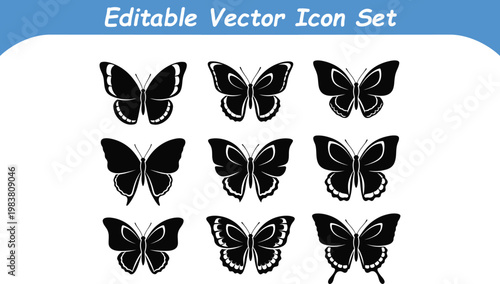 Set of nine black butterfly vector icons with butterfly illustration collection silhouette editable