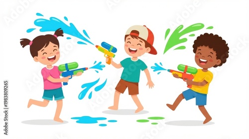 Three Children Playing With Water Guns Outdoors.