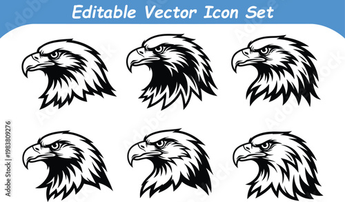 Set of eagle head icons with wildlife predator silhouette illustration