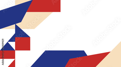 Abstract geometric design celebrating the 4th July independence spirit, featuring patriotic red, blue, and neutral shapes, evoking national pride and freedom in a modern, dynamic composition