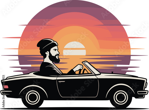 Hipster person watching the sunset over the ocean in a convertible car vector on white background.