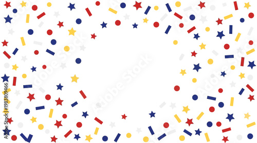 Vibrant confetti explosion celebrating 4th July independence, festive red, blue, and yellow particles symbolizing American freedom and national pride with copy space