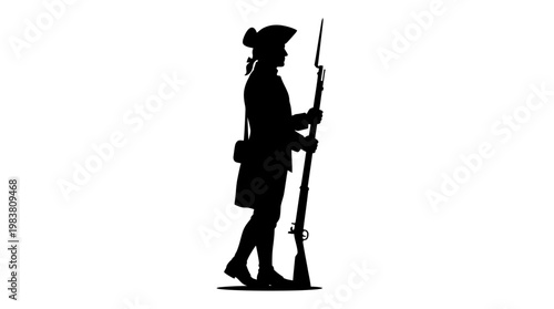 Patriotic 4th July silhouette featuring a colonial soldier holding a musket, symbolizing American independence and the spirit of the Revolutionary War era