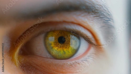 Close-up of a person's eye with yellow iris looking directly