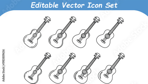 Collection of seven editable vector illustrations of acoustic guitars in a hand-drawn sketch style with acoustic