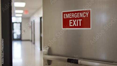 Emergency exit sign on a metal door in a hallway