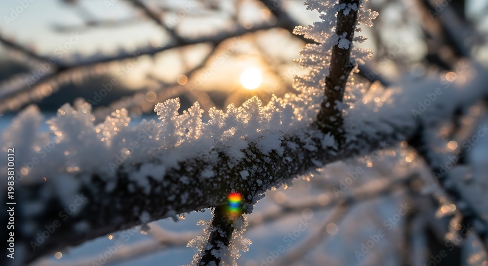 Fototapeta premium A frosty tree branch glistens in the morning sunlight with a rainbow reflection