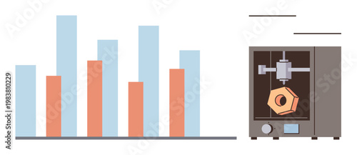 Technology applications, manufacturing insights, innovation trends, industrial design, data analysis, production tools. A 3D printer and bar chart. Technology applications and manufacturing insights