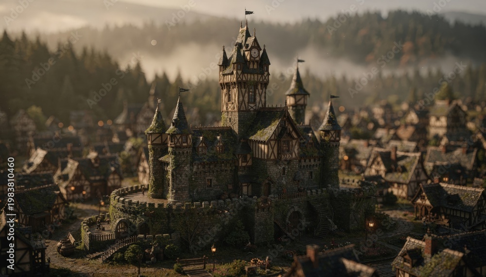 Obraz premium Cinematic medium shot of a miniature fantasy castle sharply in focus the surrounding blurred village and forests creating an epic largescale mythical environment effect.