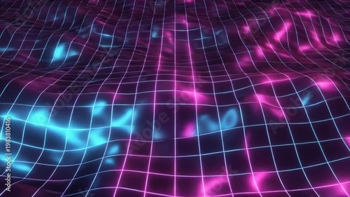 Neon-lit grid pattern with pink and blue lights on a dark background