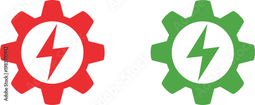 Power generation symbols combining cogwheels and electric lightning icons