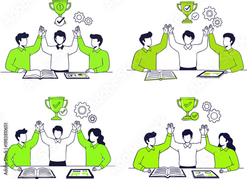 A team celebrating successful project completion with a high-five gesture and a glowing achievement trophy vector illustration.
