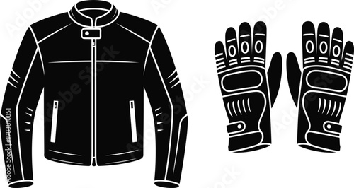 Black motorcycle jacket and protective riding gloves flat vector illustration
