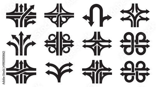 12 Black Arrows, Directional Icons, Navigation Symbols, Vector Graphics