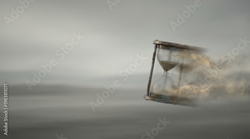 Sand clock suspended in air symbolizing resource depletion and urgency for environmental awareness and action