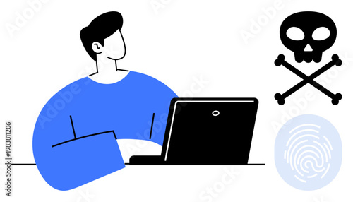 Cybersecurity, data protection, identity authentication, digital threats, online safety, technology. Person uses laptop skull graphic danger fingerprint s security. Cybersecurity and data protection