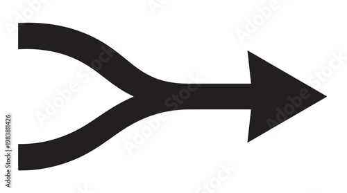 Minimalist merge arrow icon, black silhouette of two paths joining into one direction, simple vector graphic for data integration and workflow
