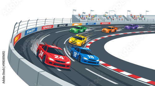 Illustration of a high-speed Indy 500 race with colorful cars speeding around a curved racetrack with a crowd in the background.