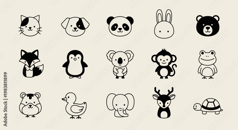 Fototapeta premium Collection of Cute Hand-Drawn Animal Icons for Children.