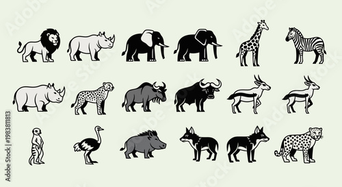 Collection of African Safari Animals in a Stylized Illustration.