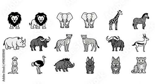 Collection of African Safari Animals in Cartoon Style.