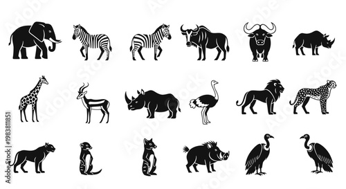 Collection of African Wildlife Silhouettes in Black and White.
