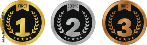Premium circle medal vectors for 1st, 2nd, and 3rd place. Symbols of the top three finishers. Symbols of gold, silver, and bronze winners.