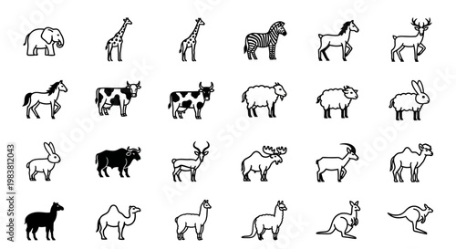 Collection of Diverse Farm and Wild Animal Icons.