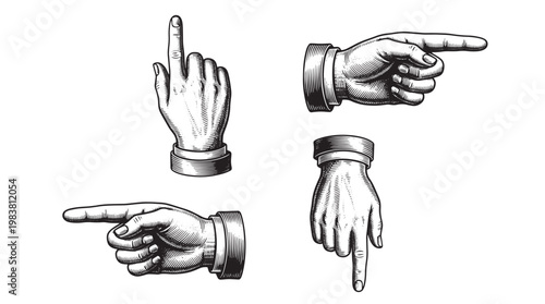 Hand gestures, pointing hands, illustration set, vector graphics